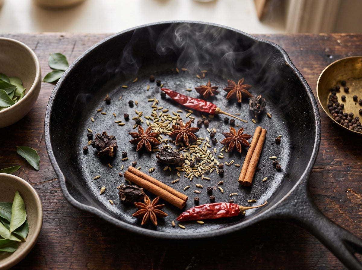 Whole spices roasting in an iron pan