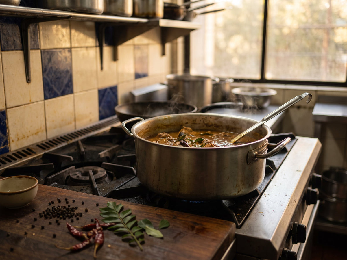 A pot of Chettinaad curry simmering in the kitchen