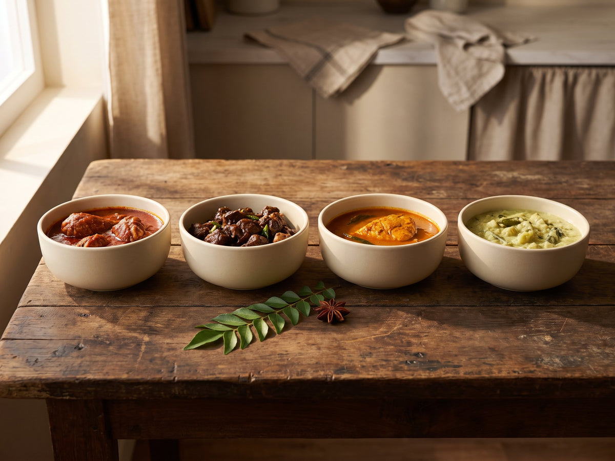 The range: four Chettinaad curries in a row of bowls