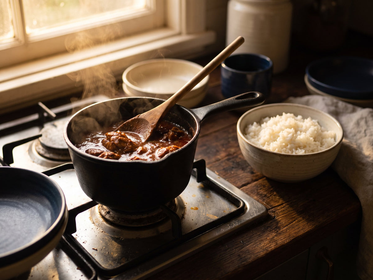 Curry reheating in a saucepan with a bowl of rice beside the stove