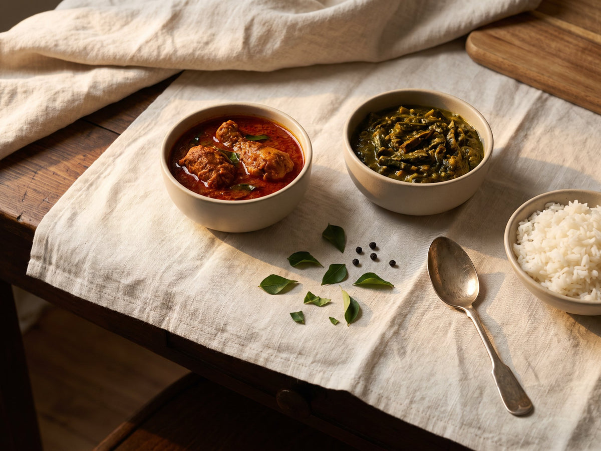 Two small bowls of curry with rice, a taster spread