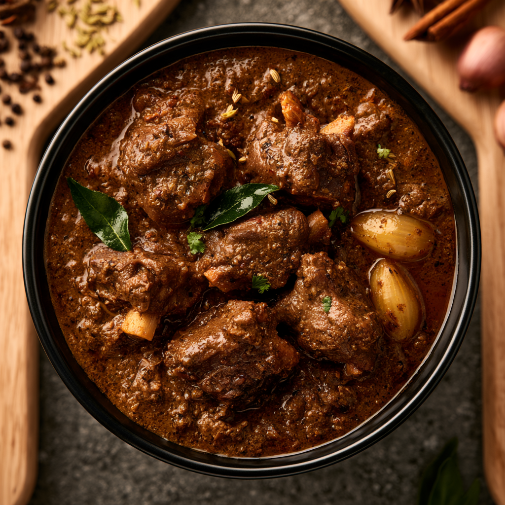 Chettinaad Mutton Curry with Cumin Rice, close up